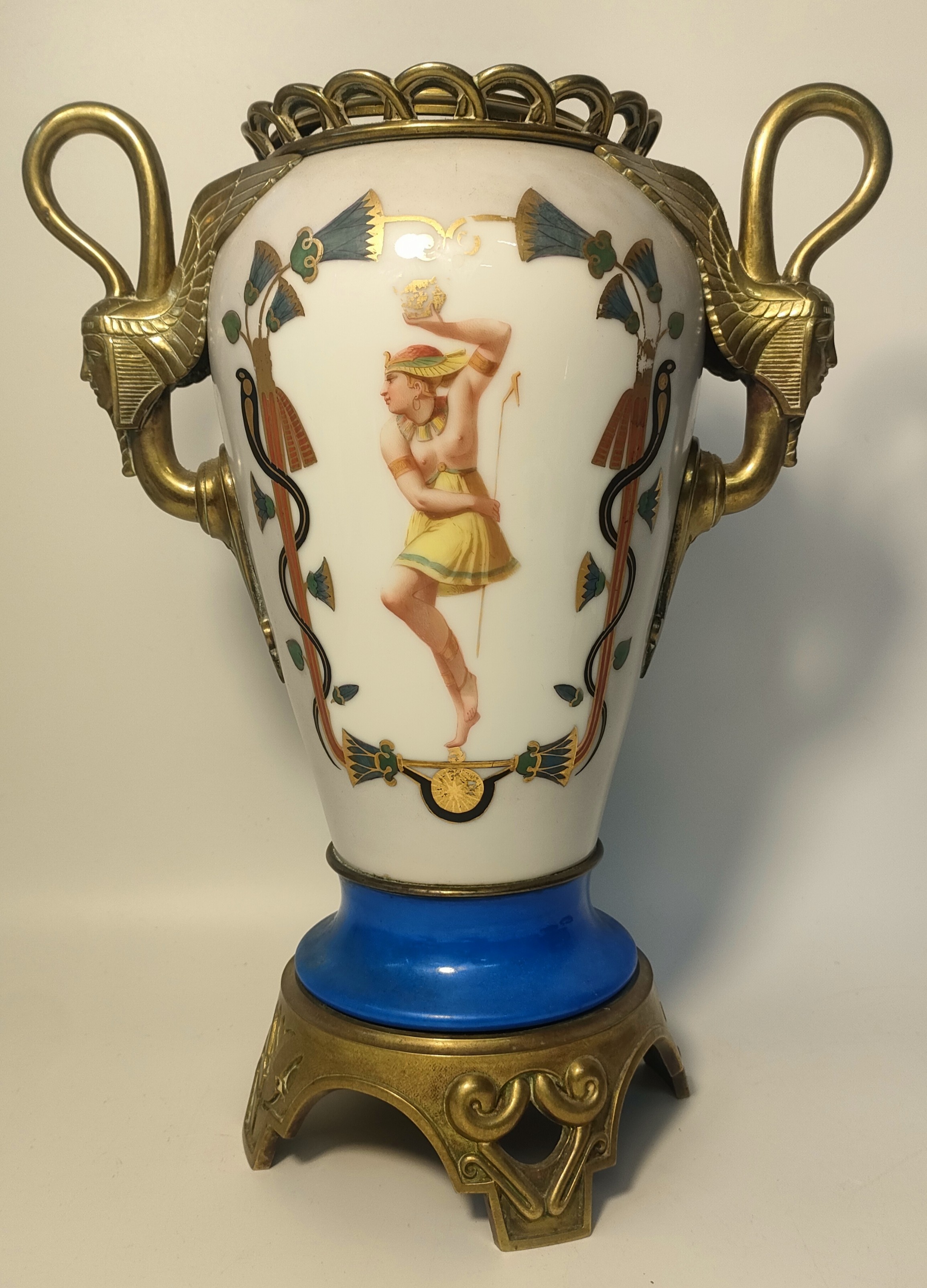 19th century Egyptian scene white ceramic & brass handles vase with hand painted Egyptian scene [