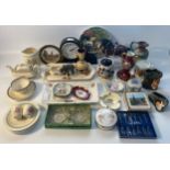 Selection of collectables; Suzie cooper tea ware, sylvac spill vases & mantle clock