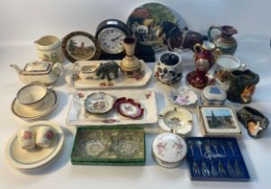 Selection of collectables; Suzie cooper tea ware, sylvac spill vases & mantle clock