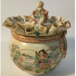 20th century Japanese samurai warrior scene Ceramic temple jar with Figural topped lid [16.5x19cm]