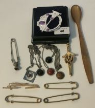 Scottish related kilt pins & plaid brooch together with 19th century porridge spoon
