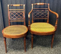 19th Century his and hers chairs with inlaid design and rush seats, one marked W.J.H