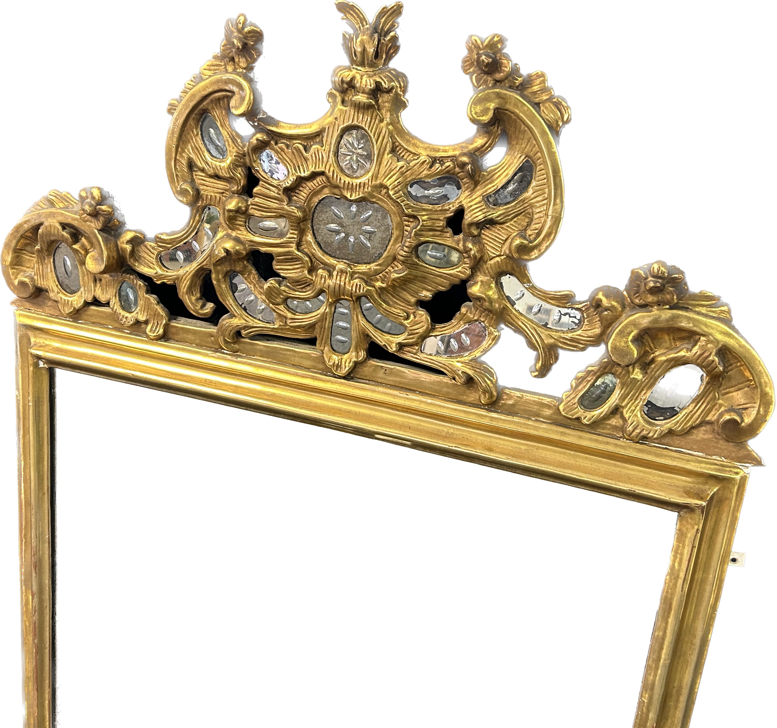 Antique gilt painted mirror, surmounted by scroll and foliate moulding with mirror detail [125x81cm] - Image 5 of 7