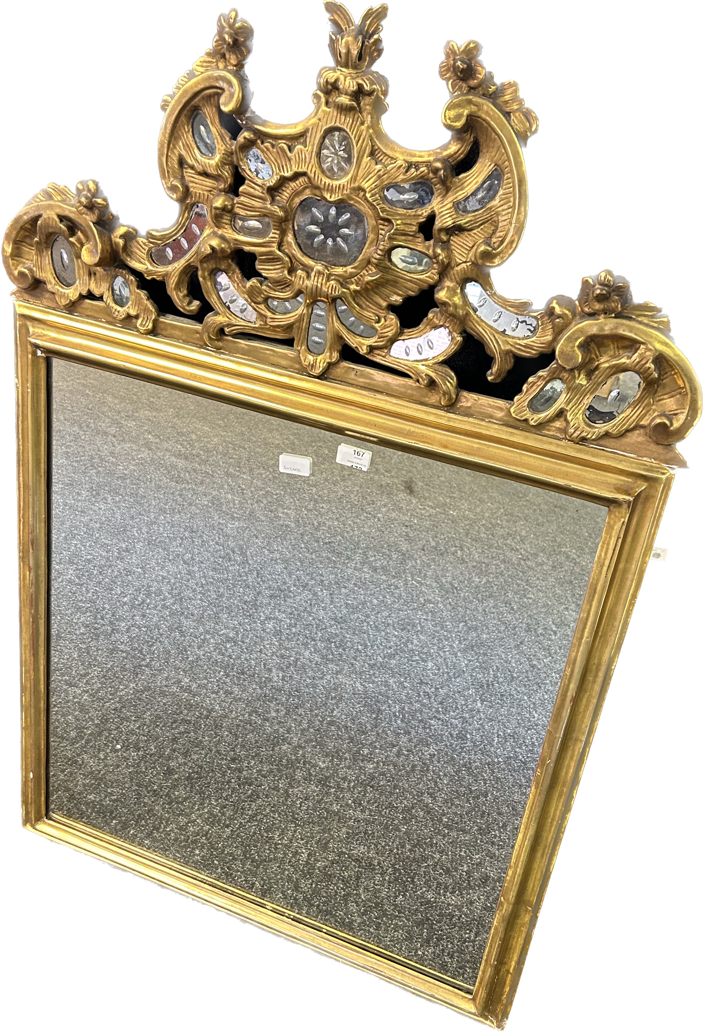 Antique gilt painted mirror, surmounted by scroll and foliate moulding with mirror detail [125x81cm] - Image 2 of 7