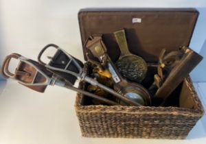 Wicker basket containing barometers, shooing sticks & brass bellows