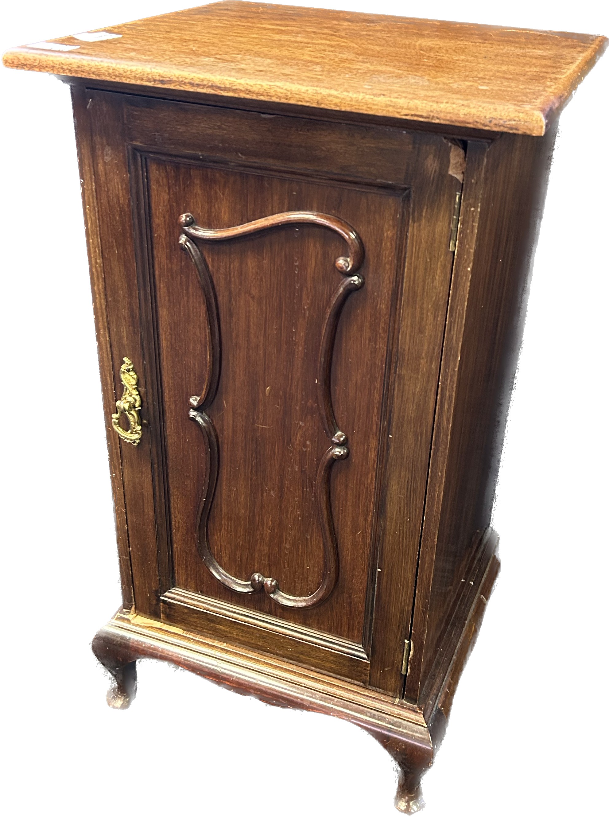 19th century mahogany bedside unit, the cupboard door with moulded carved design, raised on short - Image 3 of 3
