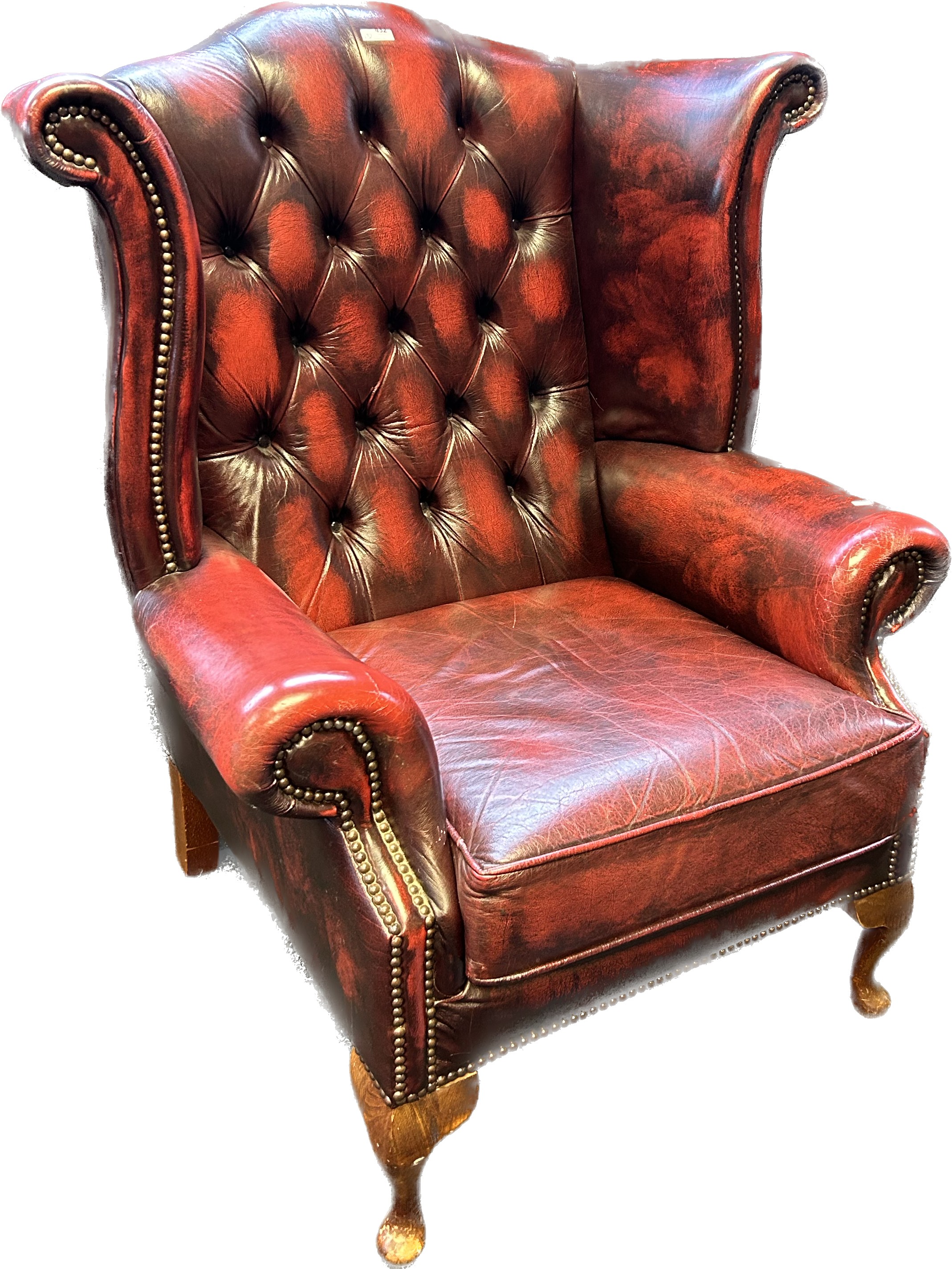 Chesterfield Gullwing chair, covered in a red leather button upholstery - Image 3 of 3