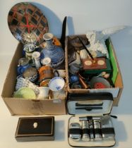 Two boxes of collectables; Vintage oil lamp, White friars bowl & Owl porcelain wall plaque