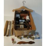 Box of interesting collectables; vintage pen knives, Edwardian page & Hilton hotel memorabilia