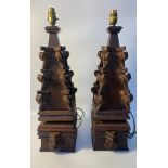 A Pair of Vintage Large wooden carved table lamps set in Oak [60cm]