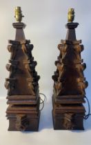 A Pair of Vintage Large wooden carved table lamps set in Oak [60cm]