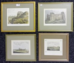 Four coloured engravings of places in Scotland to include Edinburgh, Tantallon Castle, Stirling