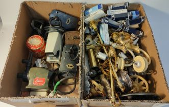 A Box of antique brass light fixtures & fittings together with A box containing antique door locks &