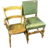 Oak chair, together with a green leather upholstered oak chair