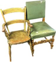Oak chair, together with a green leather upholstered oak chair