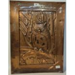 A 19th century copper wall plaque depicting a owl perched on a branch with castle scene [60x44.5cm]