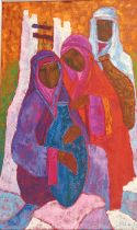 Dolo Vibrant acrylic on canvas three figures in traditional arab dress, signed and dated '72. [