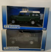 Two universal hobbies 1:18 scale farm jeep models