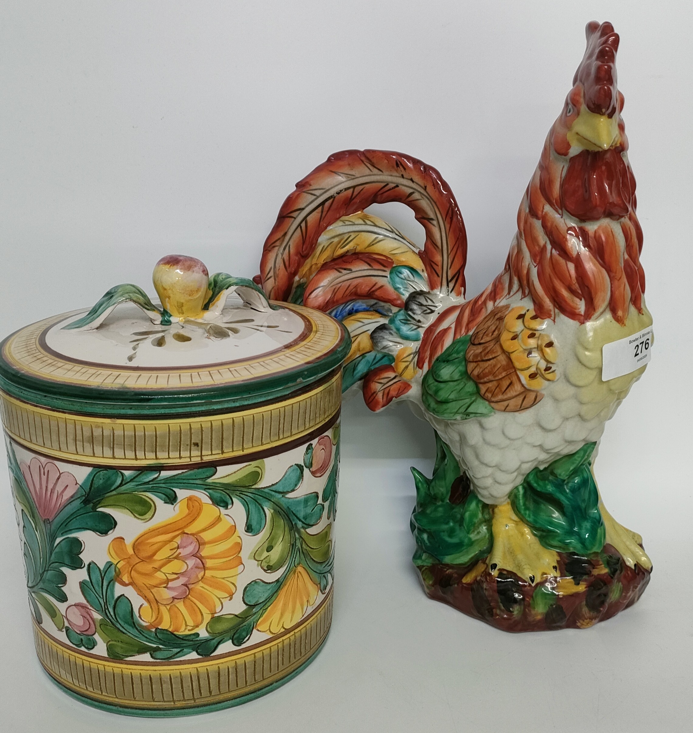 Majolica cockeral study along with an Italian hand painted ceramic pot with lid - Image 4 of 6