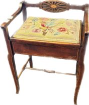 Edwardian piano stool, the back with pierced central splat joining to open arms above a needlework