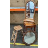 Oak dressing table mirror, vintage step ladders, occasional table along with oak mirror