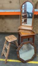 Oak dressing table mirror, vintage step ladders, occasional table along with oak mirror