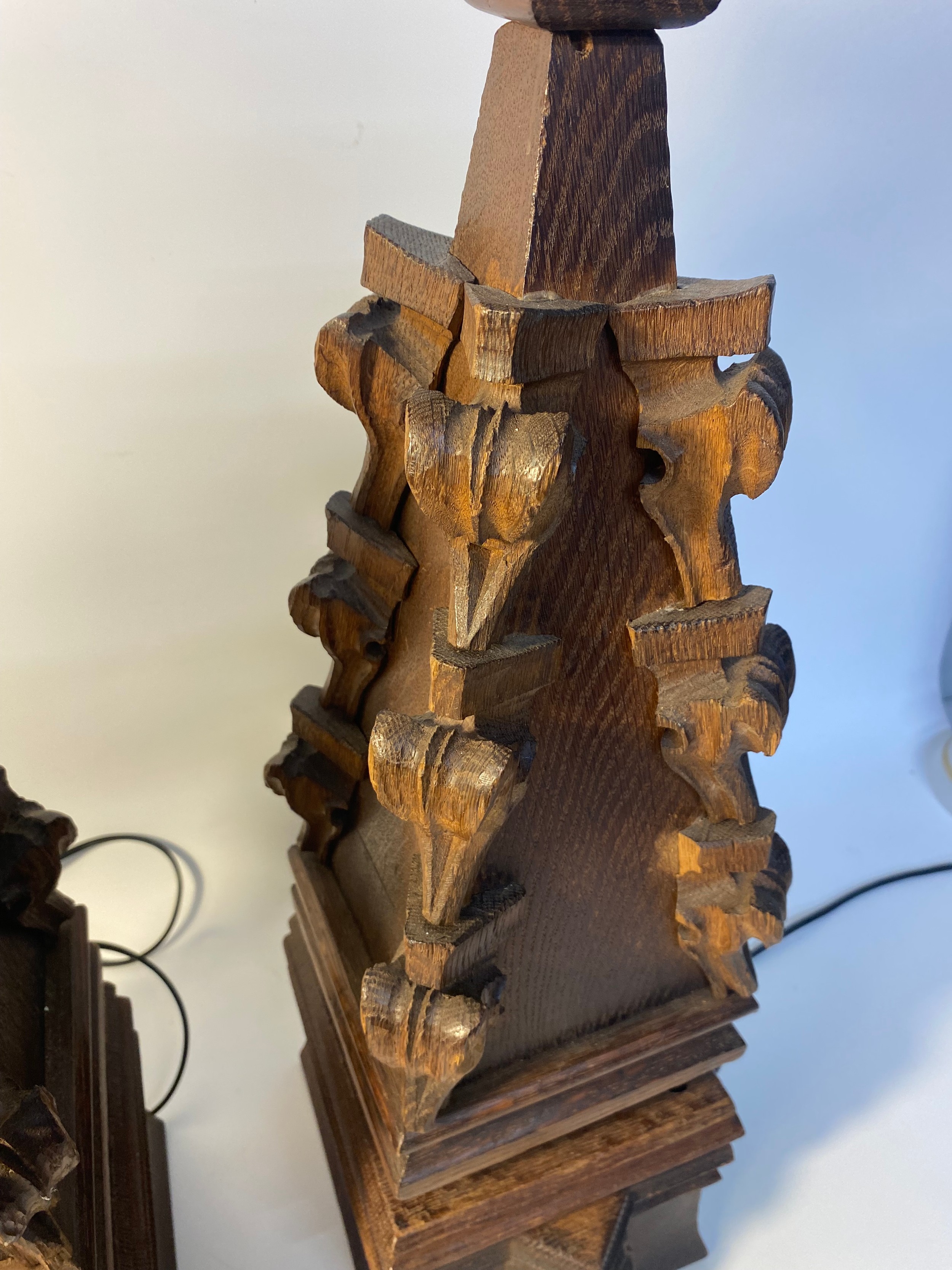 A Pair of Vintage Large wooden carved table lamps set in Oak [60cm] - Image 4 of 4