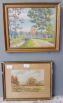 Two Artworks; Oil on board landscape, signed. Watecolour landscape, signed and dated '42.