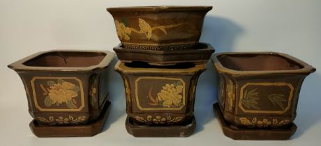 Collection of four Chinese drip glazed planters with resting plates