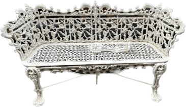 Antique cast iron bench, painted white with foliate design throughout [leg broken]