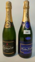 Two bottles of named champagne; Lansons champagne brut along with bottle Nicholas Feuillatte