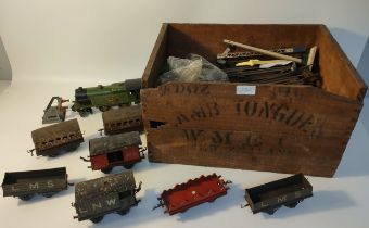 Large selection of vintage tin plate toy train & wagons along with track