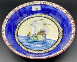 Elizabeth Amour bough Scottish pottery bowl depicting galleon ship scene signed with initials to the