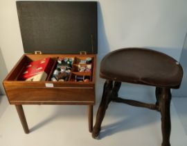Mid century sewing box cabinet together with 19th century small stool with turned supports