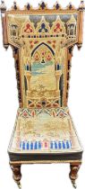 19th century prie dieu chair, covered in a needlework upholstery, raised on turned legs ending in