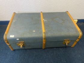 Vintage wooden bound travel trunk & contents