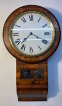 Edwardian inlaid wall clock set with white enamel face with key & pendulum [70x43cm]