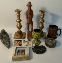 Victorian brass candlesticks with pushes, Eskimo study & others