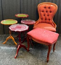 Mixed lot to include reproduction parlour chair, stool and four wine tables.