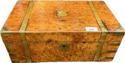 Antique burr walnut writing slope box, with brass inlays