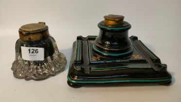 Two Victorian porcelain & glass inkwells with brass lids [16x10cm]