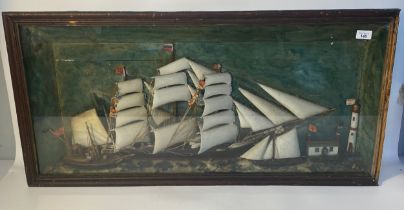 19th century Three Galleon ships diorama with light house in fitted display cabinet [99x17x49cm]