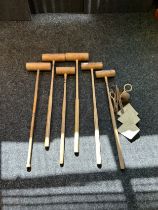 Antique Croquet mallets together with accessories, two named [Jaques-London] [The All-England]