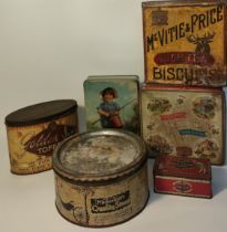 Antique advertising biscuit & toffee sweet tins; Mcvitie & price biscuit tin & Golden seal toffee