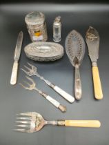 Collection of three silver topped jars along with selection of serving cutlery & silver collard