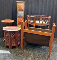 Mixed lot to include circular drinks trolley, carved stands, mid century magazine rack and tall