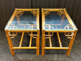 Vintage bamboo side tables with glass surface