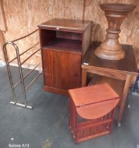 [W] Collection of furniture to include towel rail, card table, magazine rack, cabinet and wooden