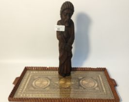 Antique eastern double handled tray together with wooden carved religious figure