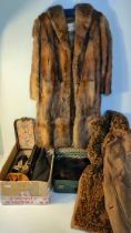 Selection of ladies evening coats, vintage bags, Jan Hamilton Edinburgh fur jacket & a vintage shawl